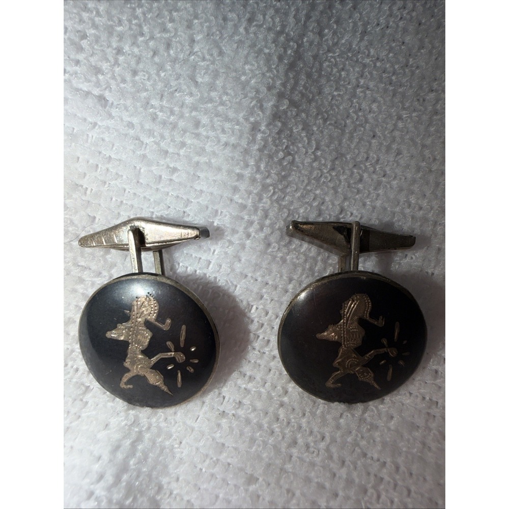 Vintage Sterling Silver Siam Niello Dancer Cufflinks